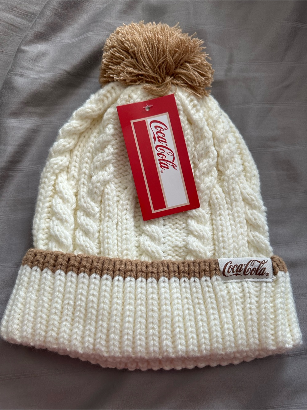 Coca Cola Cream Knit Pom Beanie with Tan Trim